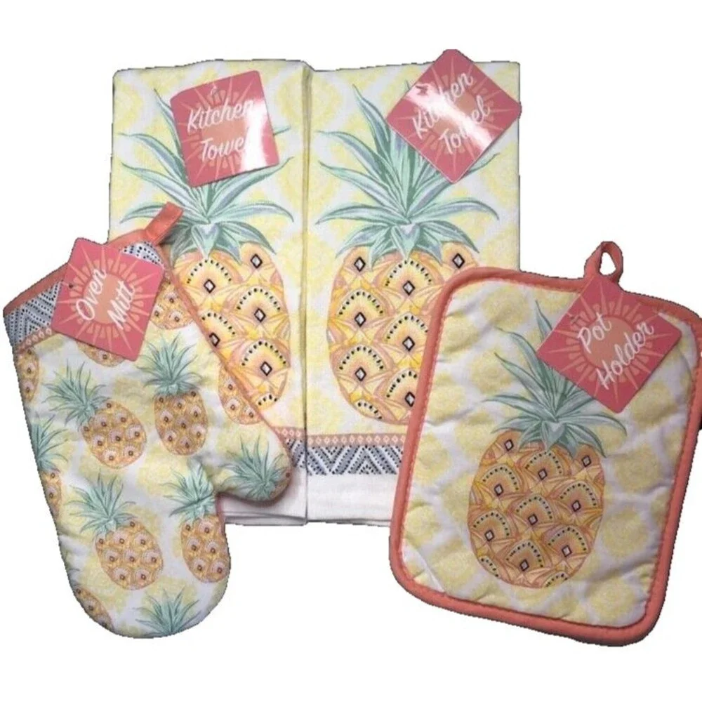 Welcome Pineapple Kitchen Dish Towel Oven Mitt Potholder Set of 4 Summer Beach